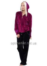 Женский костюм брюки + кофта на змейке с длинными рукавами, капюшон, паетки KocTekstil велюр 3117