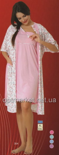 Женский комплект: цветная ночная рубашка на широких бретельках для кормящих мам и халат Sentina 354